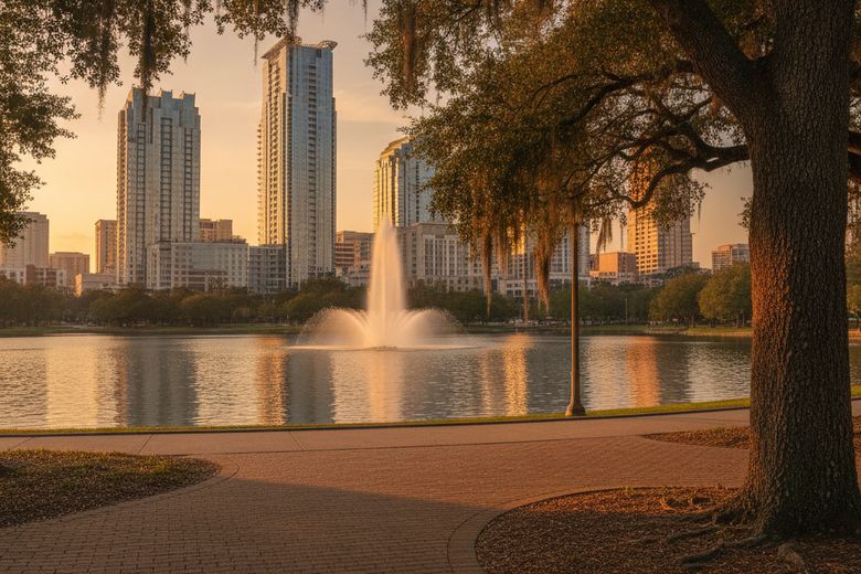 Downtown Orlando skyline and Lake Eola fountain — Thornton Park homes for sale