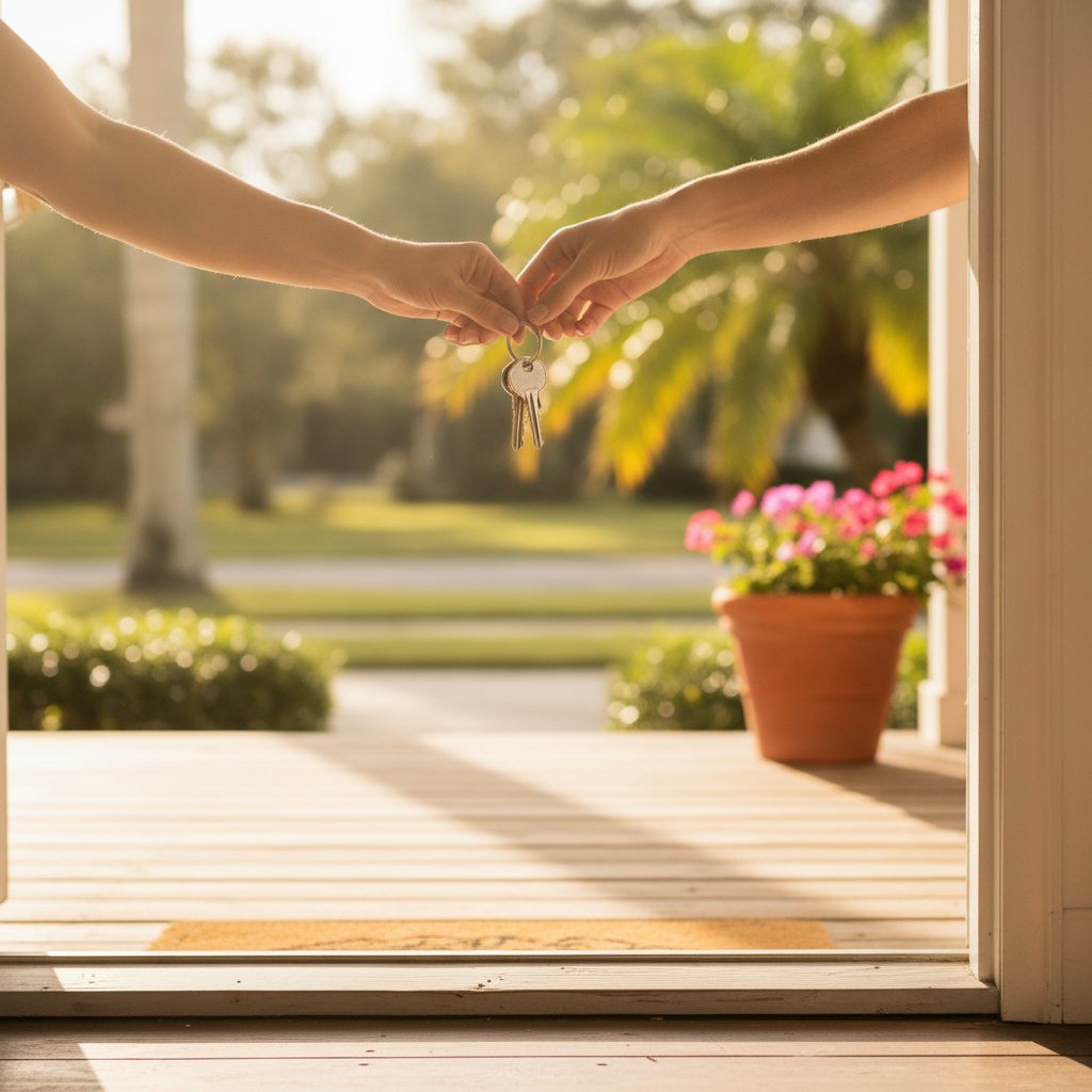 House keys handed over on the sunlit doorstep of an Orlando home at closing