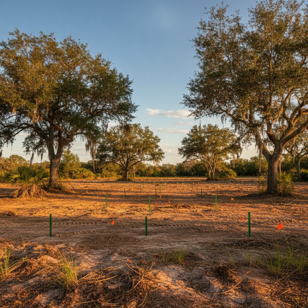 Cleared Central Florida homesite lot with live oak trees, survey stakes, and open blue sky