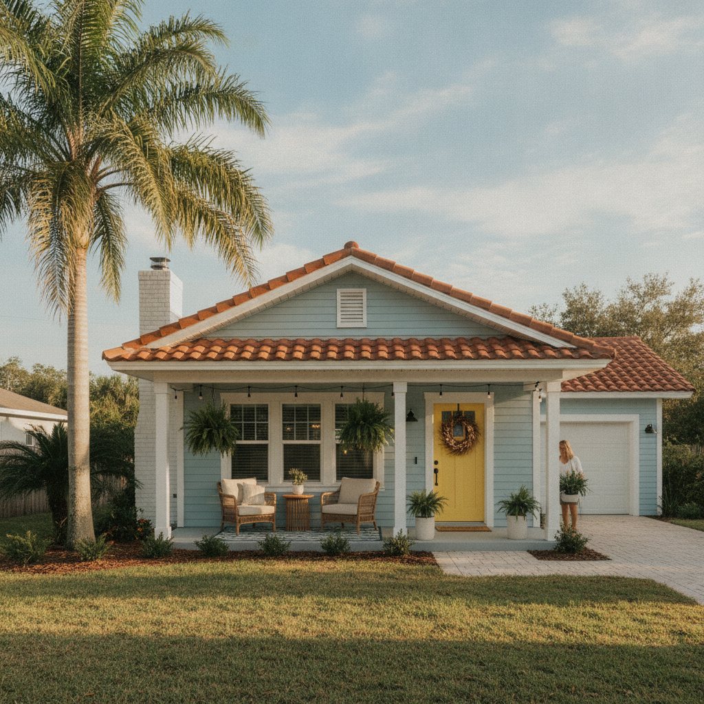 Cozy Florida starter home with a welcoming front porch and palm tree in warm light