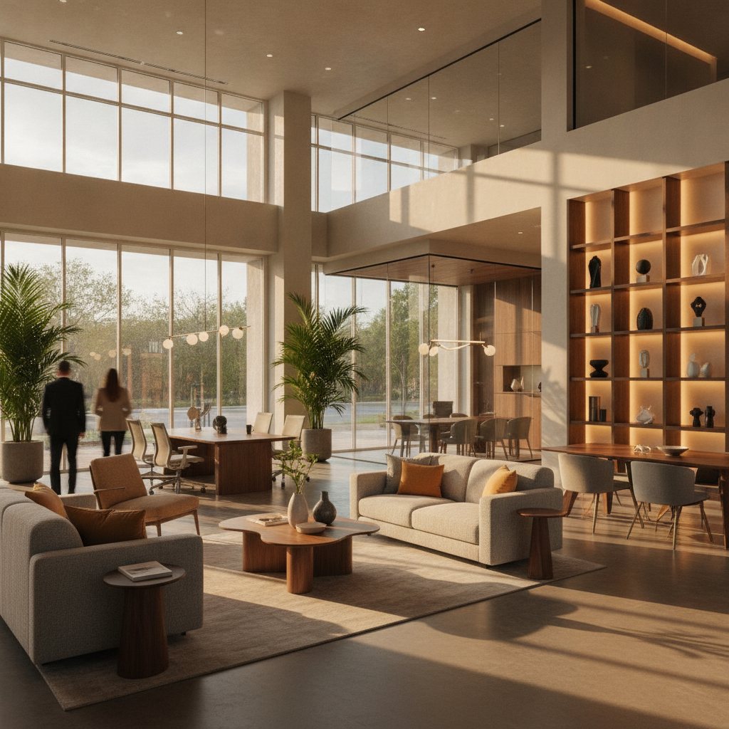 Interior of a sleek, modern, brightly lit Orlando office and retail space