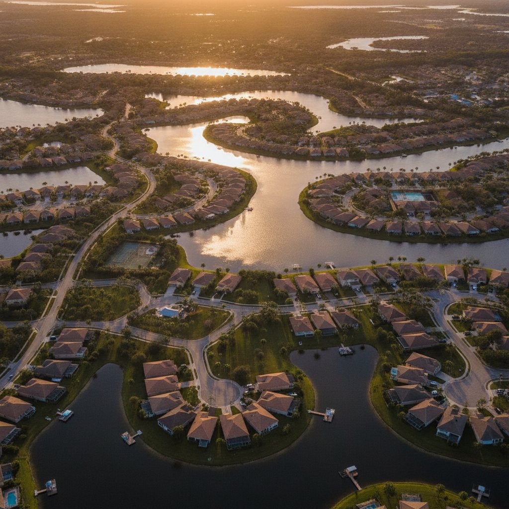 Aerial view of an Orlando residential area showing neighborhoods, lakes, and roads at golden hour