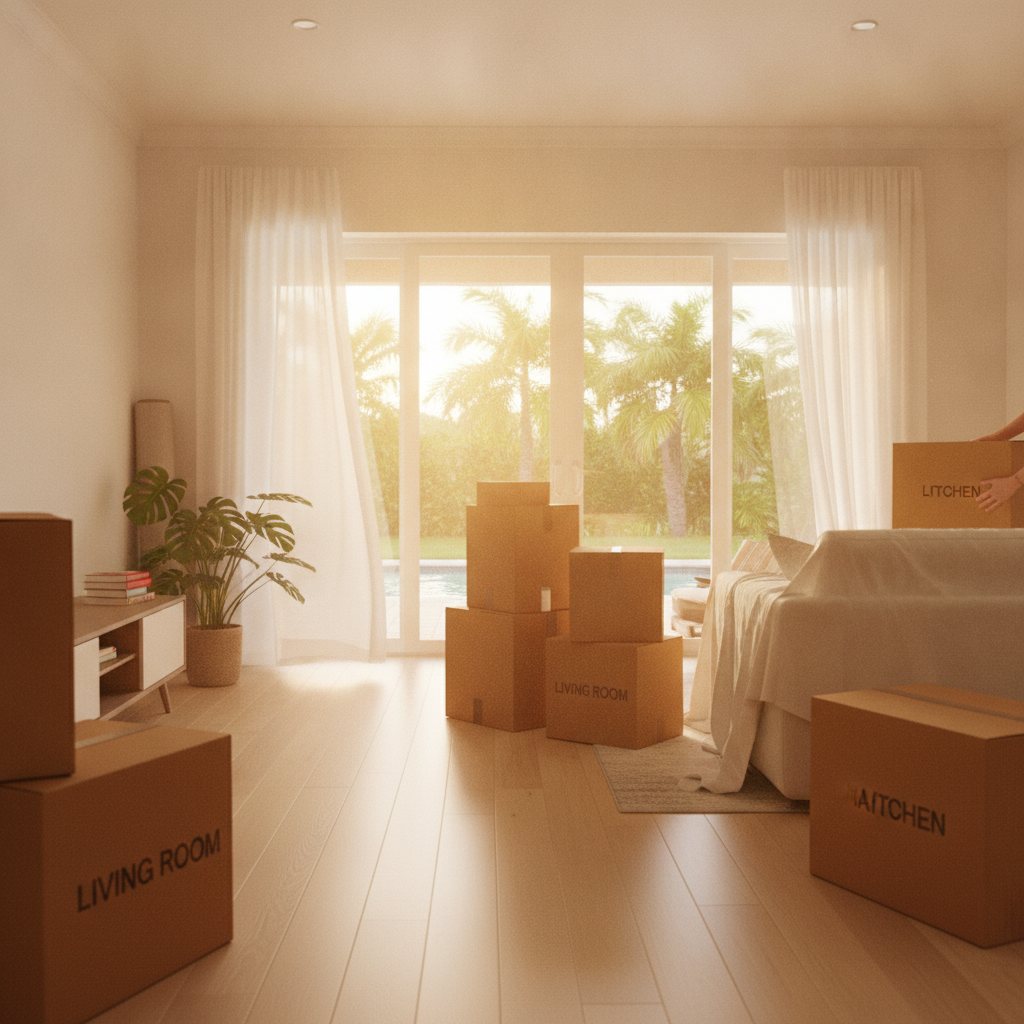 Moving day in a sunlit Florida living room with cardboard boxes, a fresh-start scene