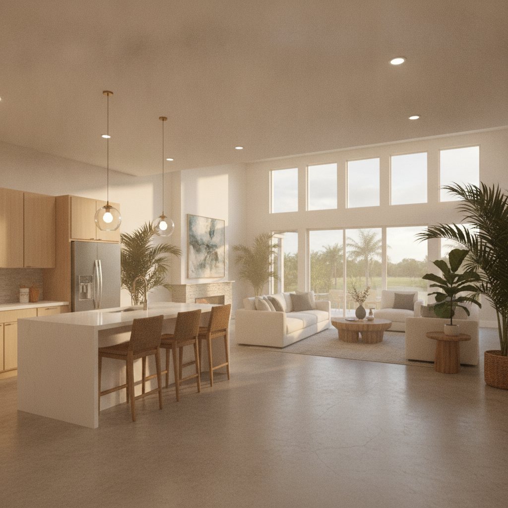 Bright, airy modern Orlando rental kitchen and living space with natural light