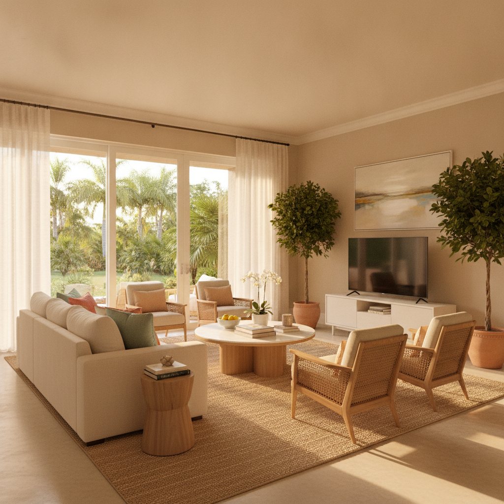 Bright, professionally staged living room of a Florida home ready for the market